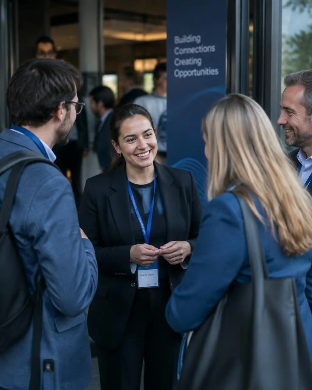 Organizadora de evento sorrindo enquanto recebe e conversa com participantes na entrada de um encontro